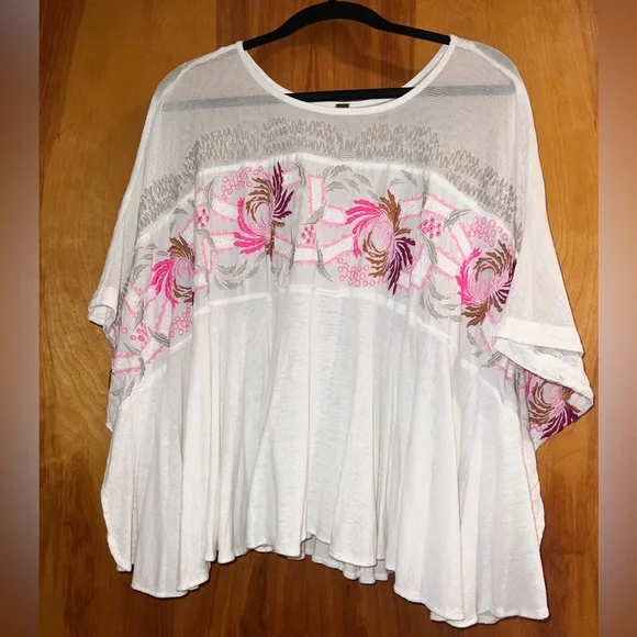 Free People Love Letter Tee Embroidered Sheer Swing top - Picture 4 of 7